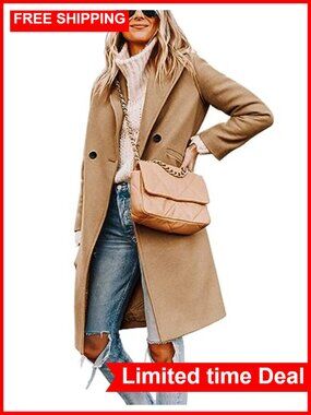 Wool Blend Pea Coat Notch Lapel Double-Breasted Knee Length Winter Coat